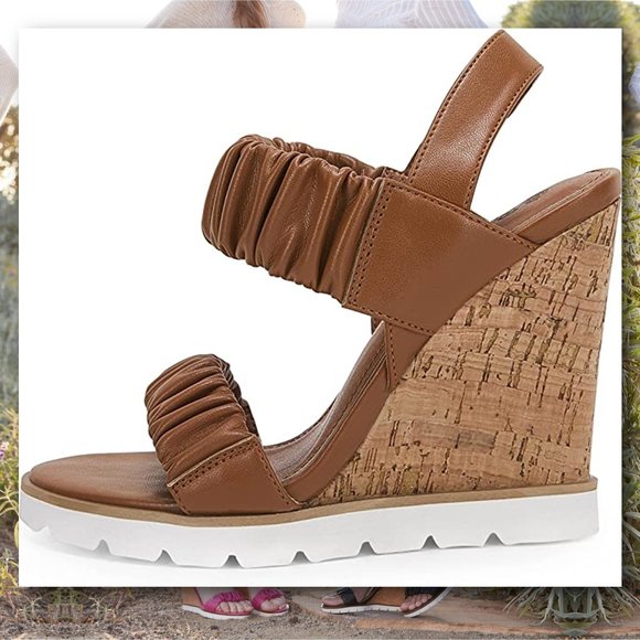 PIEPIEBUY Flirty Ruched Faux Leather High Cork Wedge Sandals   NEW IN BOX! - Picture 2 of 8